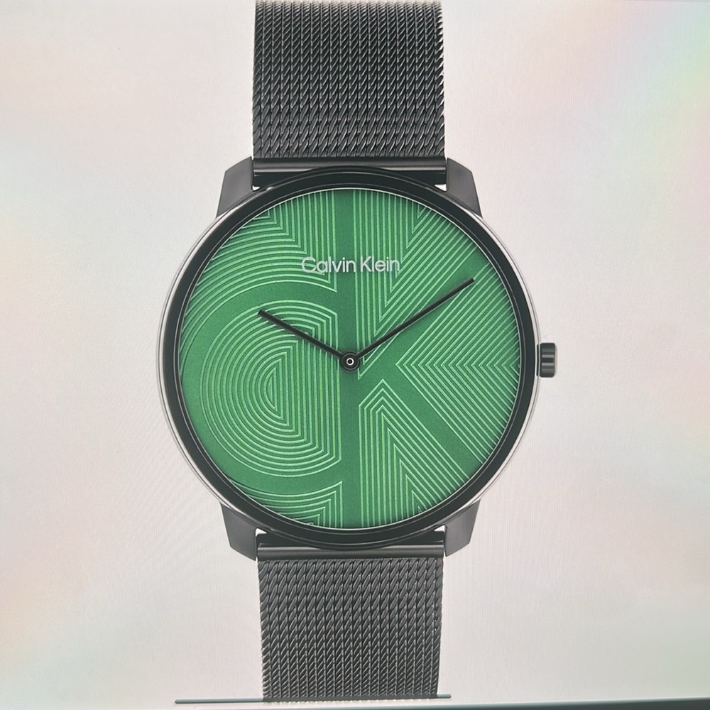 Calvin Klein Iconic Black IP Mesh Watch with Textured Green Dial